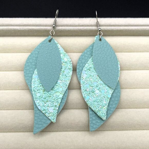 Green Faux Leather with Sequin Layered Leaf 316L Stainless Steel Hook Earrings - Picture 5 of 9